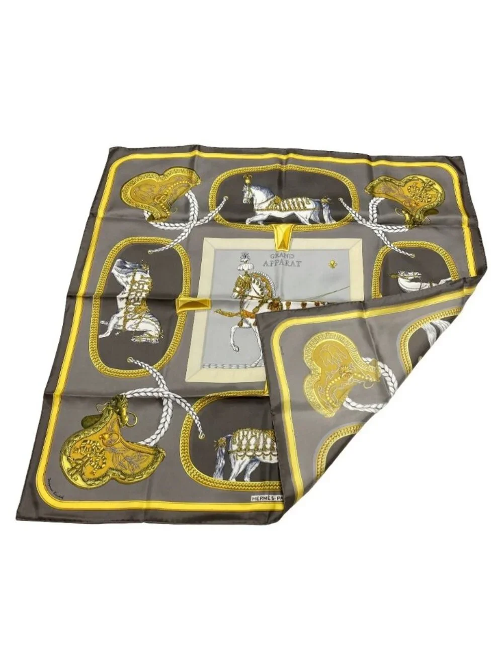 Hermes Grand Apparat Dressed Horse Carre 90 Silk Scarf Gray